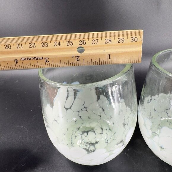 Hand Blown Glass Set 2 Stemless Tumblers Drinking Glasses Cups Clear White Spots - Picture 4 of 13
